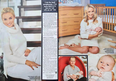 Hello! Magazine: Noelle Reno introduces baby Xander – in Blue Almonds cashmere