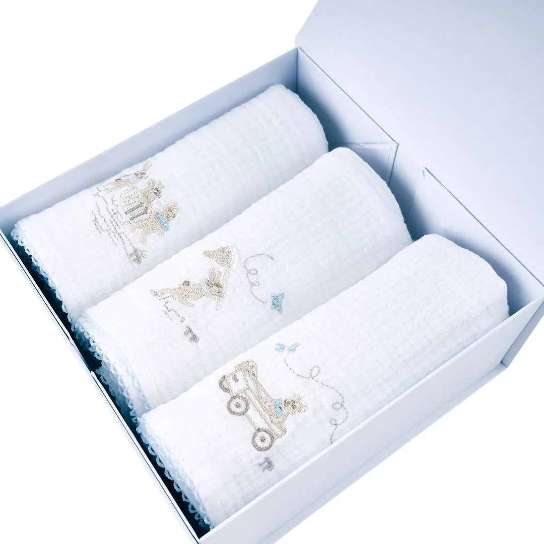 Blue Almonds Ltd 3 nappy embroidered BP 60x60 + box - Blue Garden Party Theophile & Patachou