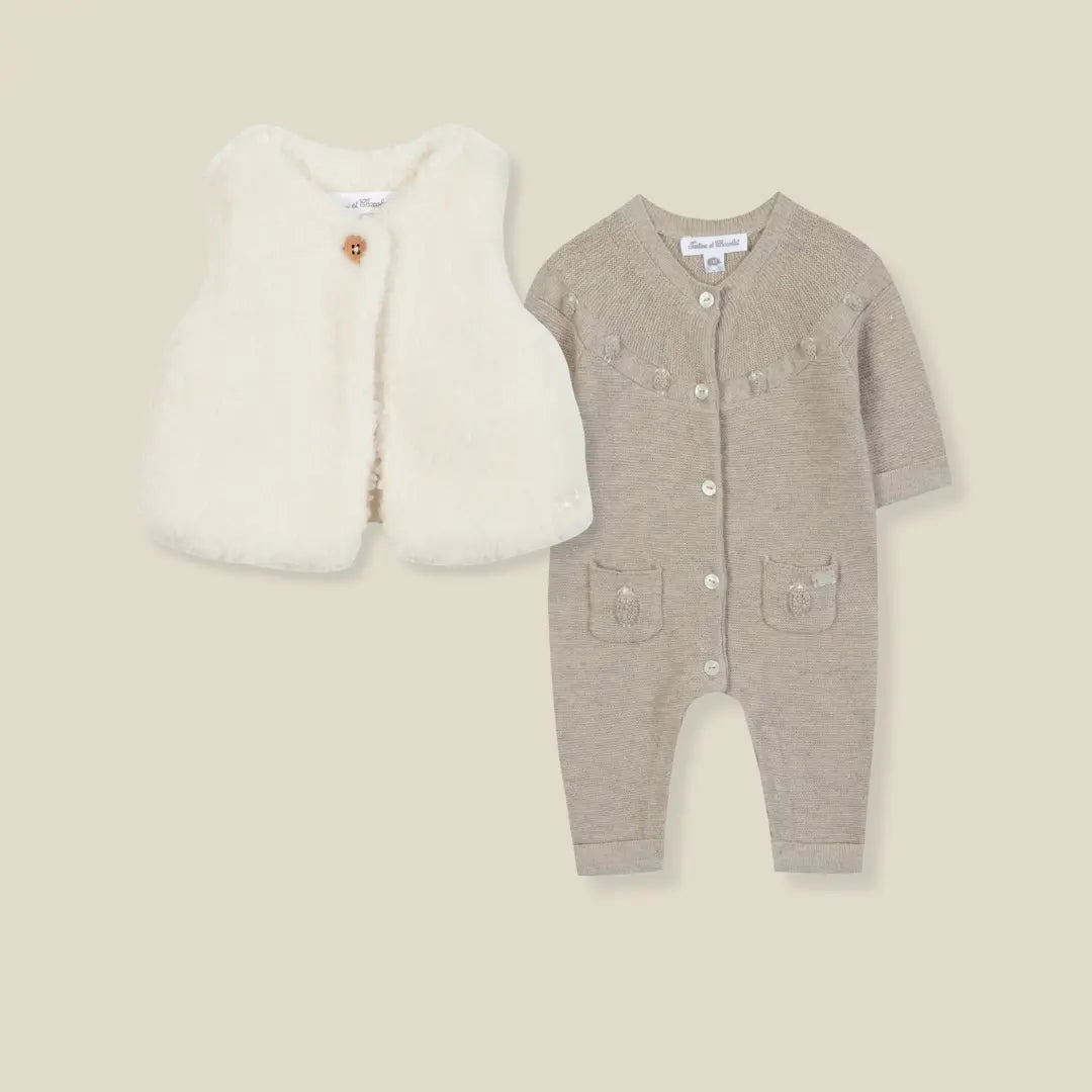 Blue Almonds Ltd Baby Beige Knitted Romper with Sheep Gilet Set Tartine et Chocolat