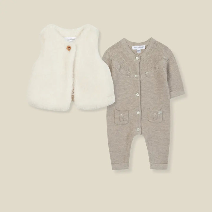 Blue Almonds Ltd Baby Beige Knitted Romper with Sheep Gilet Set Tartine et Chocolat