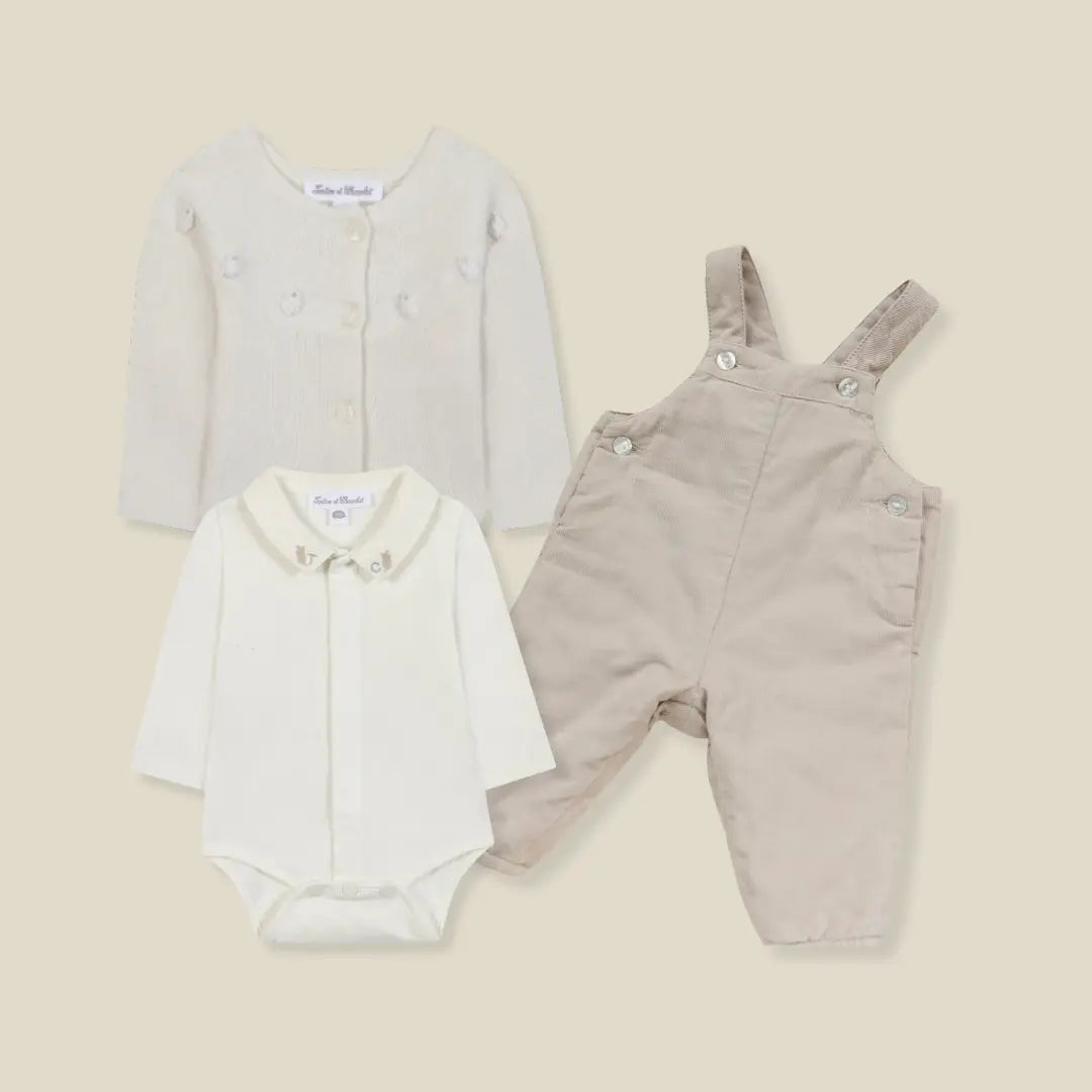 Blue Almonds Ltd Baby Boys Beige Dungarees & Sheep Cardigan Set Tartine et Chocolat