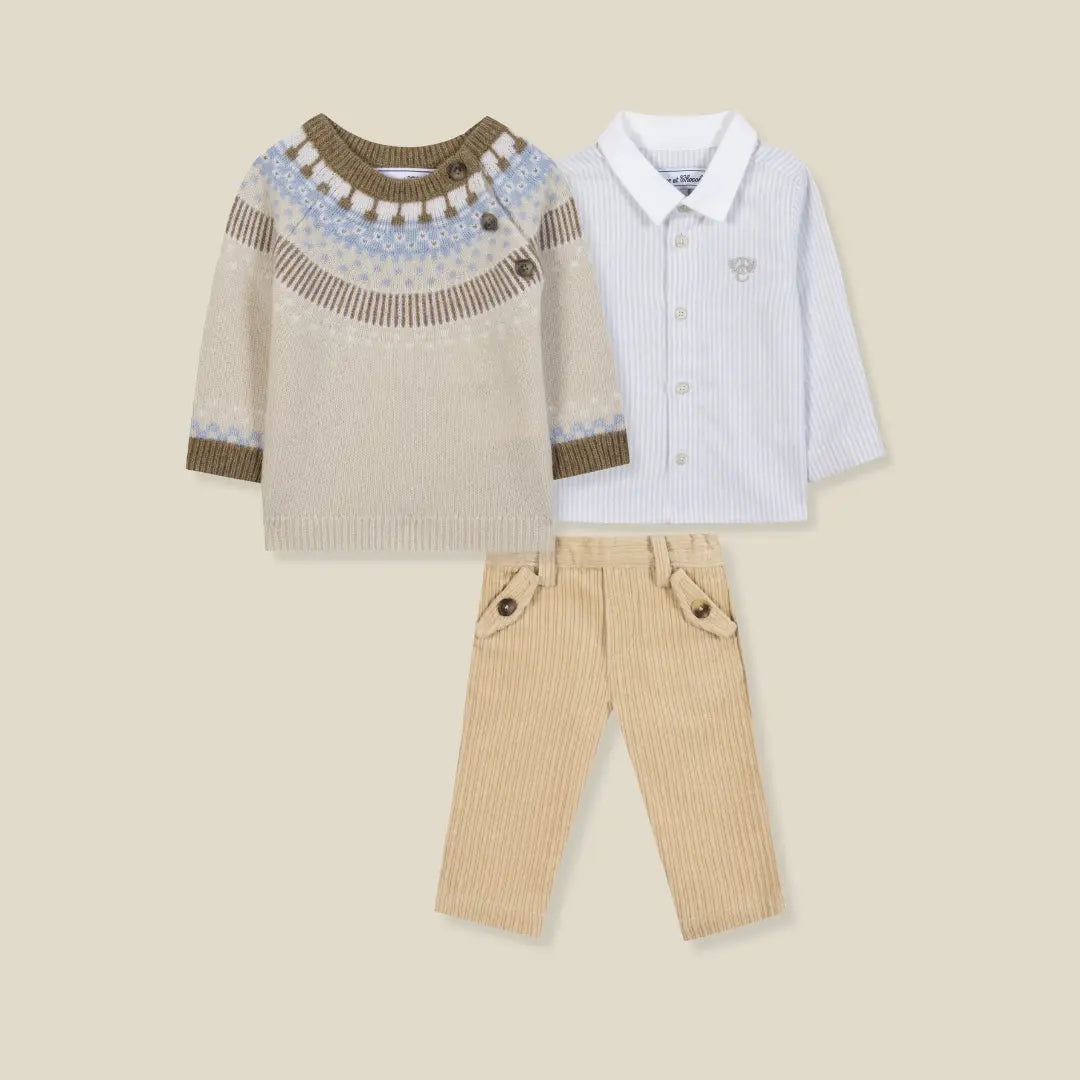 Blue Almonds Ltd Baby Boys Beige Winter Jumper, Shirt & Trousers Set Tartine et Chocolat