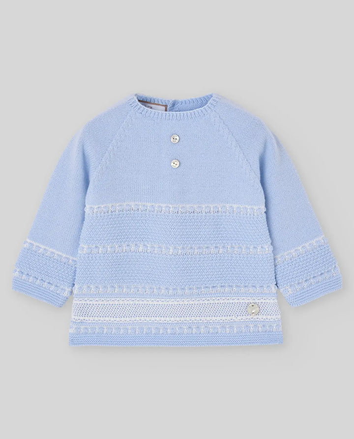 Baby Boys Knitted Hat, Jumper & Leggings Set Fogar in Light Blue & Cream