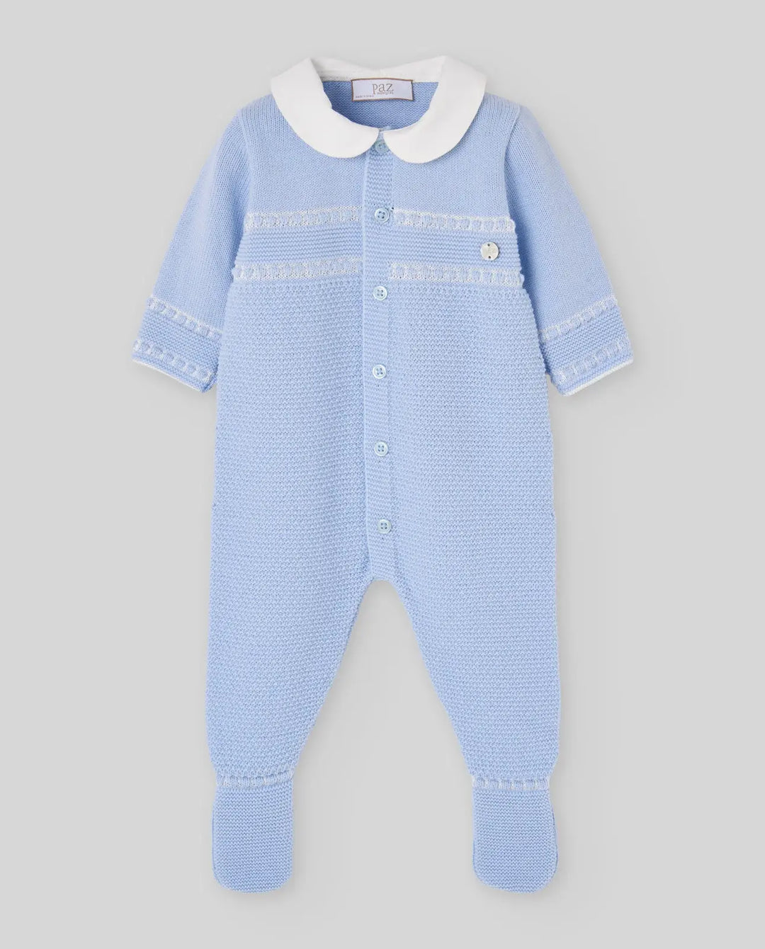 Blue Almonds Ltd Baby Boys Knitted Romper Semilla in Light Blue & Cream Paz Rodriguez