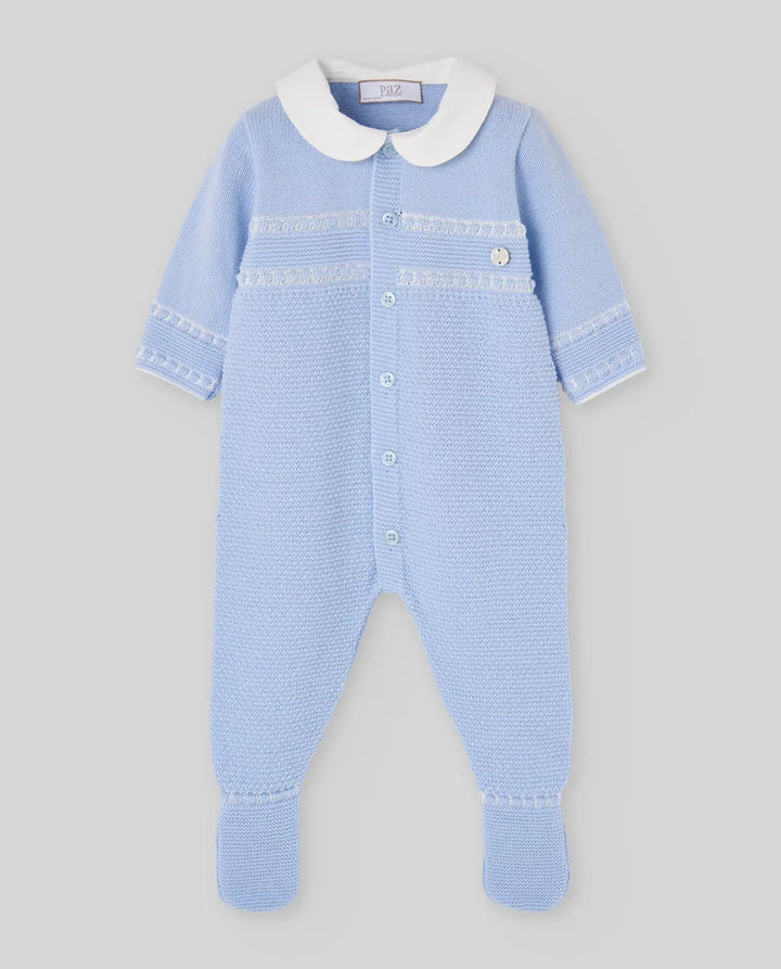 Blue Almonds Ltd Baby Boys Knitted Romper Semilla in Light Blue & Cream Paz Rodriguez
