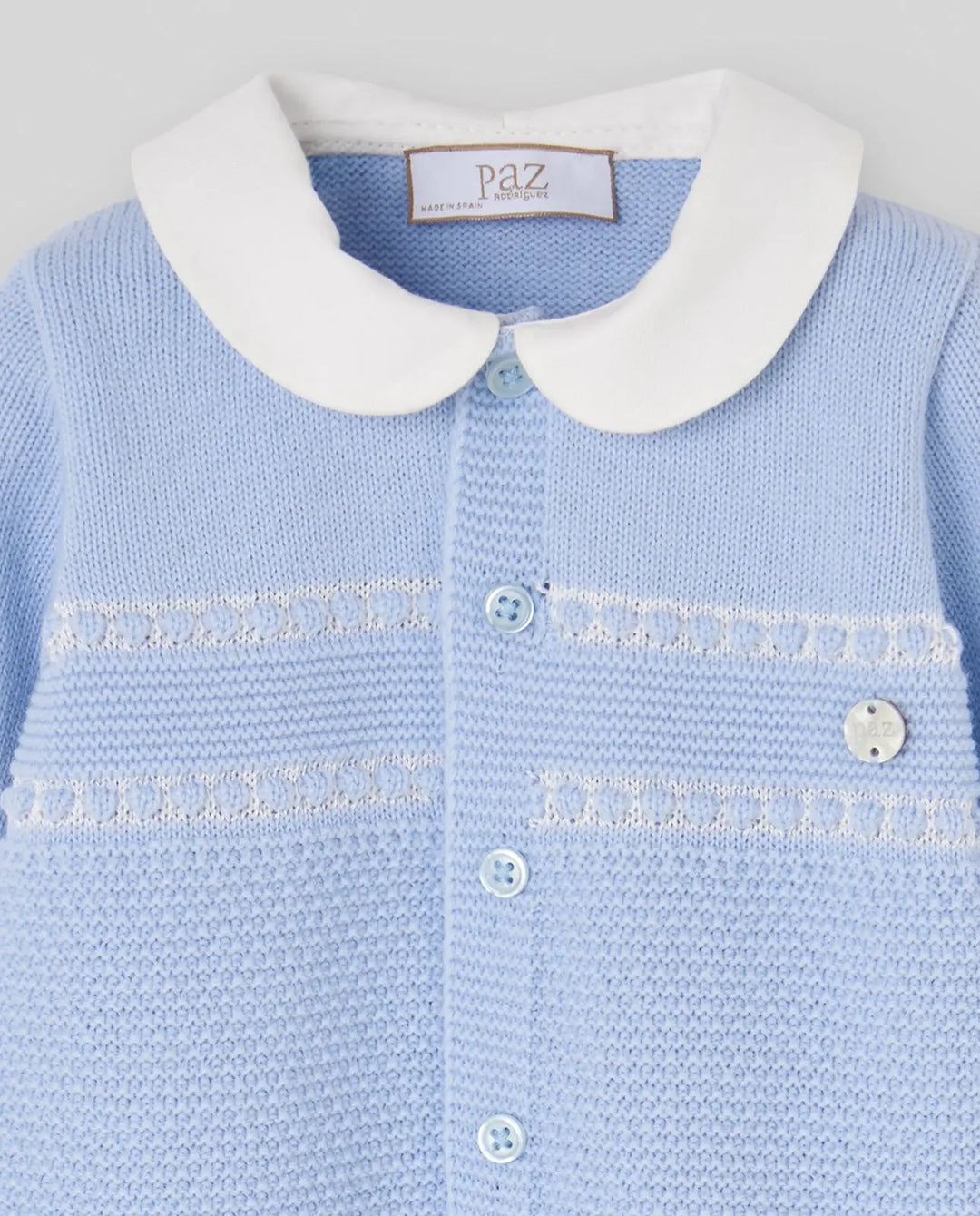 Blue Almonds Ltd Baby Boys Knitted Romper Semilla in Light Blue & Cream Paz Rodriguez