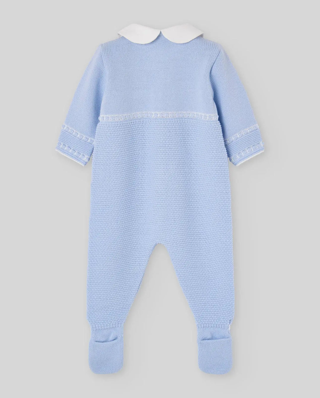 Blue Almonds Ltd Baby Boys Knitted Romper Semilla in Light Blue & Cream Paz Rodriguez