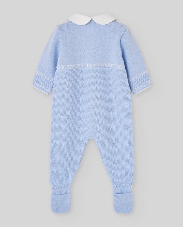 Blue Almonds Ltd Baby Boys Knitted Romper Semilla in Light Blue & Cream Paz Rodriguez