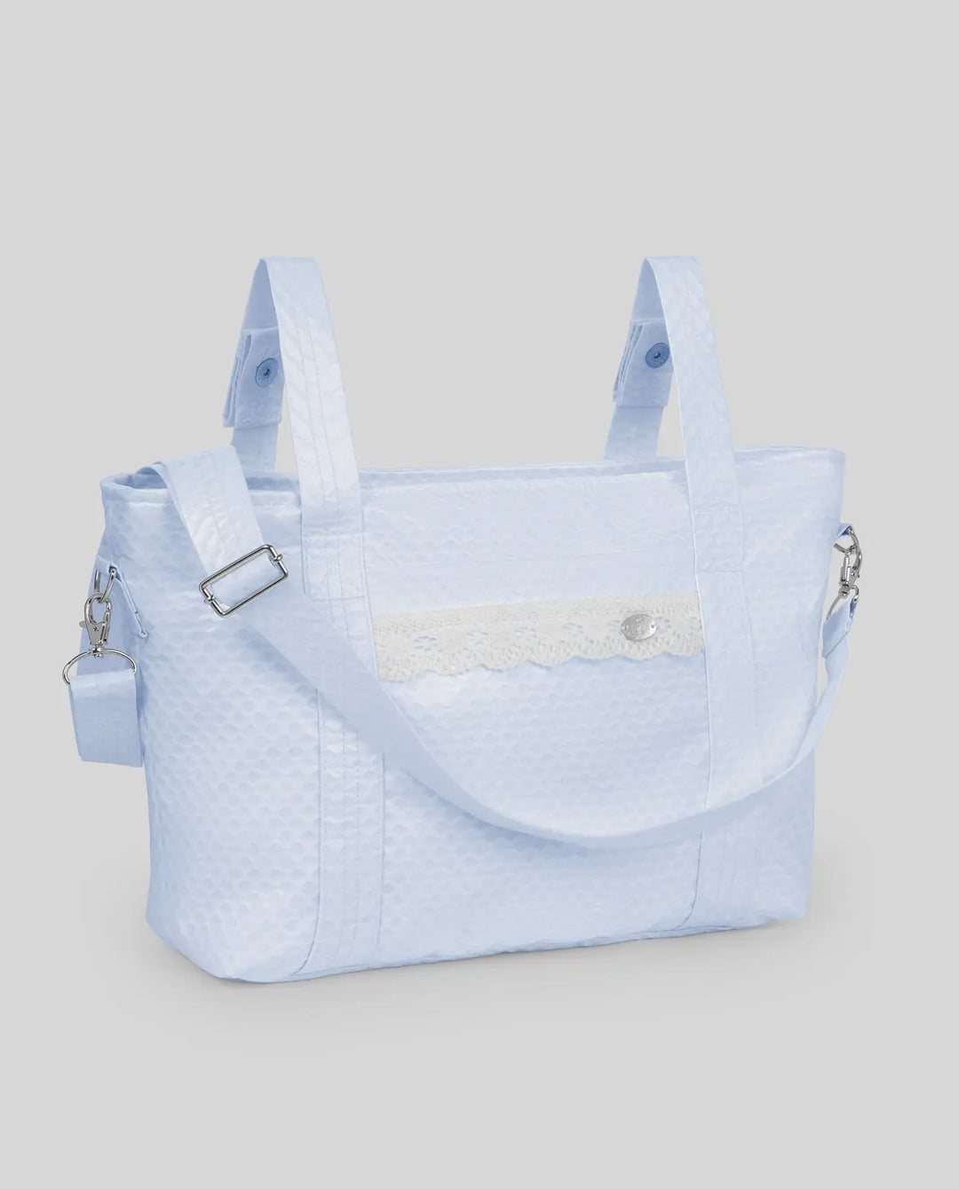Blue Almonds Ltd Baby Boys Laminated Pram Bag Alana in Chalk Blue & Cream Paz Rodriguez