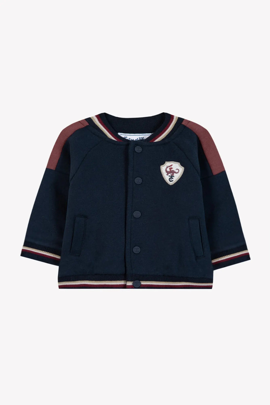 Blue Almonds Ltd Baby Boys Navy Zip-Up Jacket, Burgundy T-Shirt & Sable Trousers Set Tartine et Chocolat