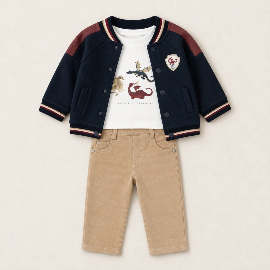 Blue Almonds Ltd Baby Boys Navy Zip-Up Jacket, Burgundy T-Shirt & Sable Trousers Set Tartine et Chocolat