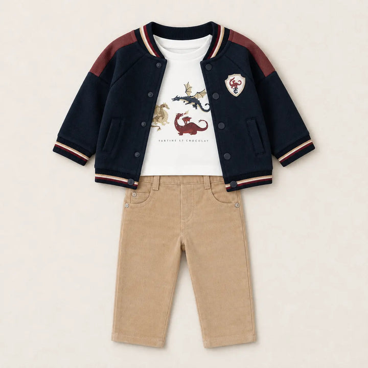 Blue Almonds Ltd Baby Boys Navy Zip-Up Jacket, Burgundy T-Shirt & Sable Trousers Set Tartine et Chocolat