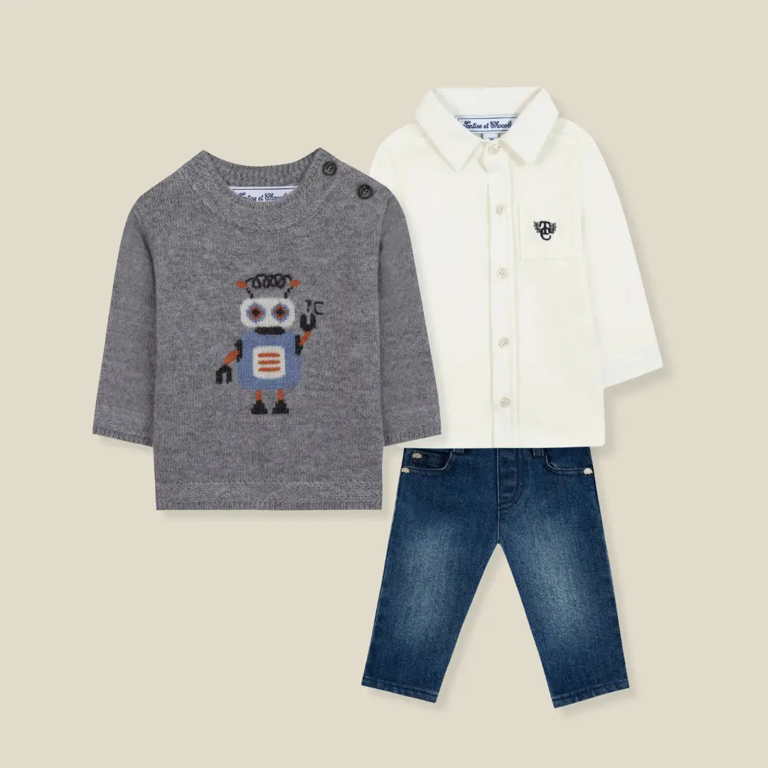 Blue Almonds Ltd Baby Boys Robot Jumper, Shirt & Jeans Set Tartine et Chocolat