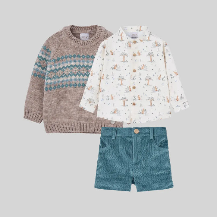 Blue Almonds Ltd Baby Boys Shorts Set in Warm Beige with Forest Bunnies Paz Rodriguez