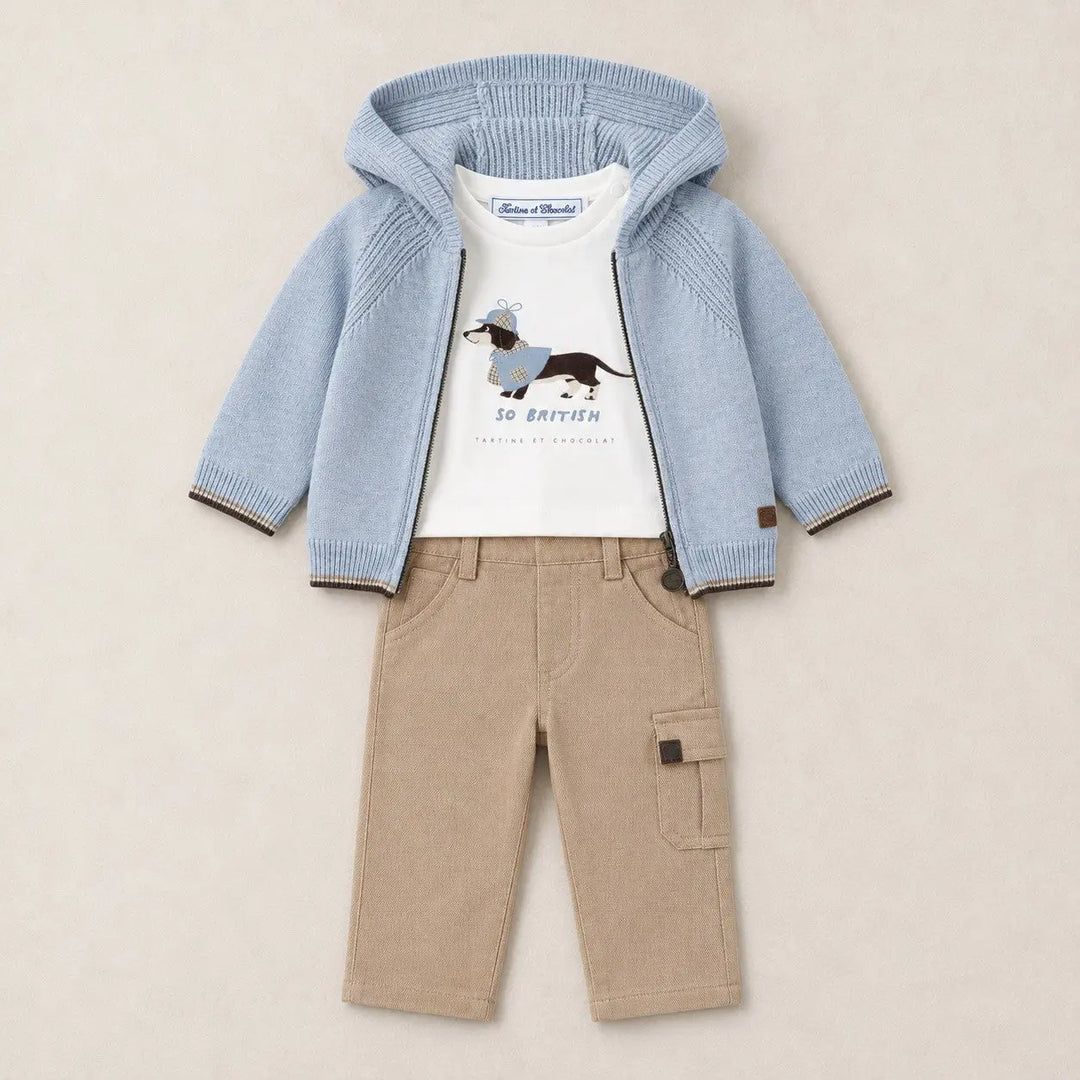 Blue Almonds Ltd Baby Boys Sky Blue Cardigan, Doggy T-Shirt & Mocha Trousers Set Tartine et Chocolat