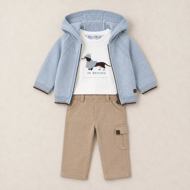 Blue Almonds Ltd Baby Boys Sky Blue Cardigan, Doggy T-Shirt & Mocha Trousers Set Tartine et Chocolat
