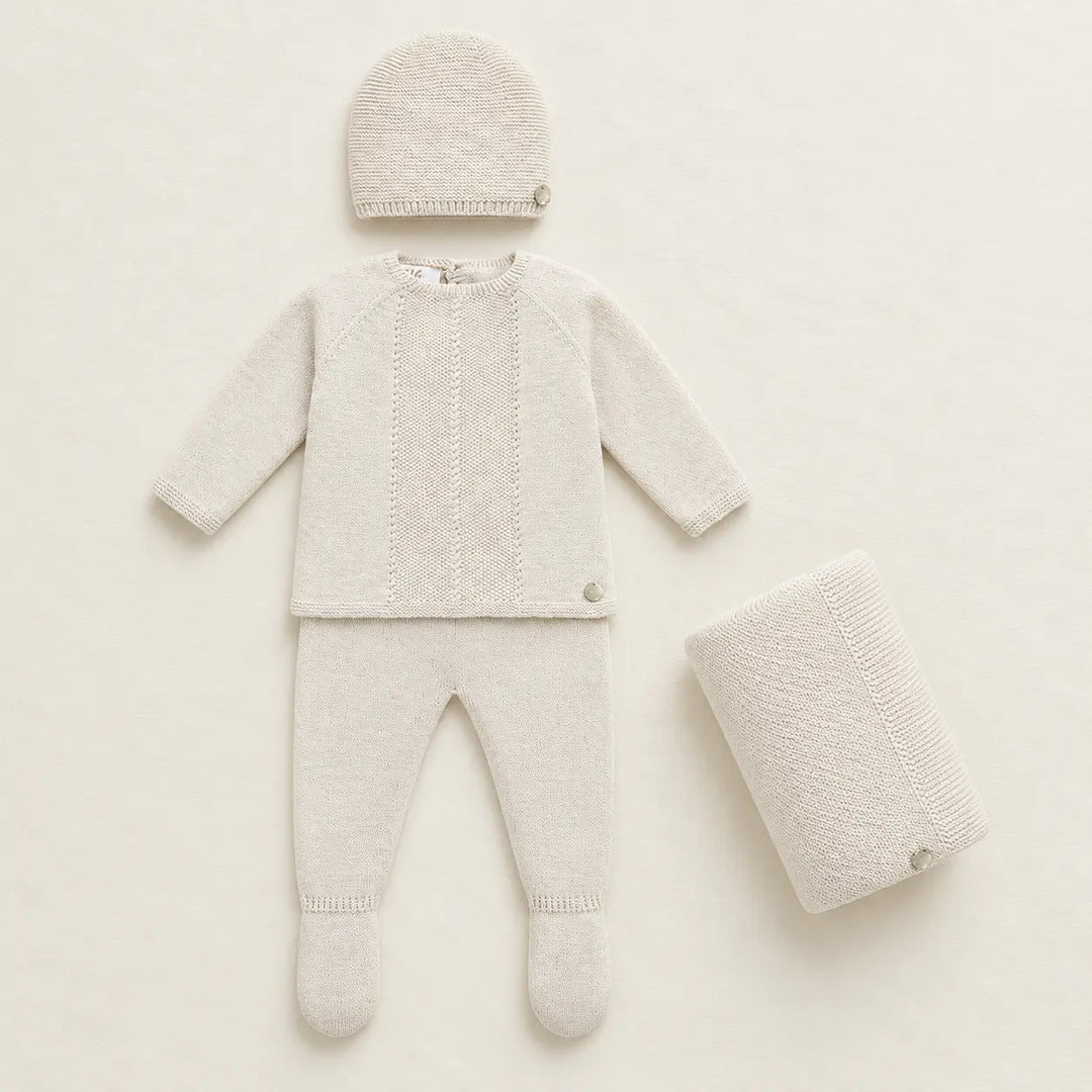 Blue Almonds Ltd Baby Four-Piece Knitted Gift Set in Winter Cream Paz Rodriguez