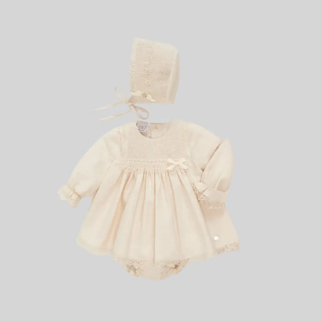 Blue Almonds Ltd Baby Girls Dress Set in Vanilla Sand Paz Rodriguez