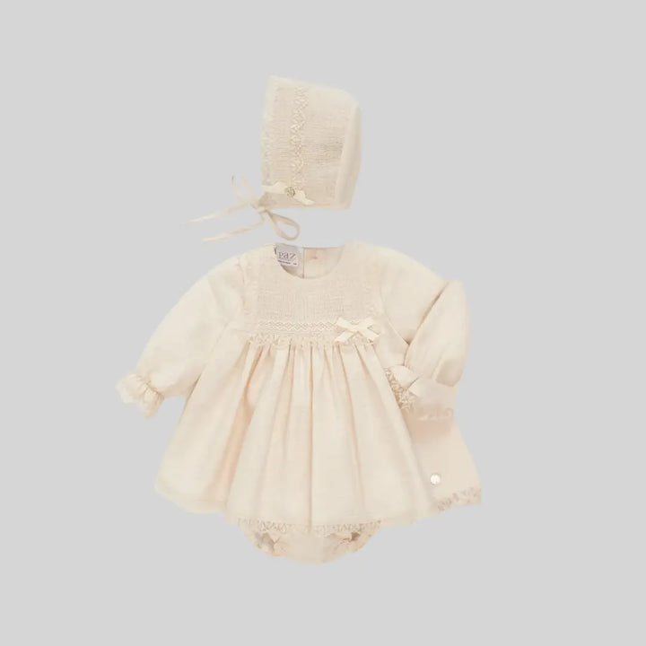 Blue Almonds Ltd Baby Girls Dress Set in Vanilla Sand Paz Rodriguez