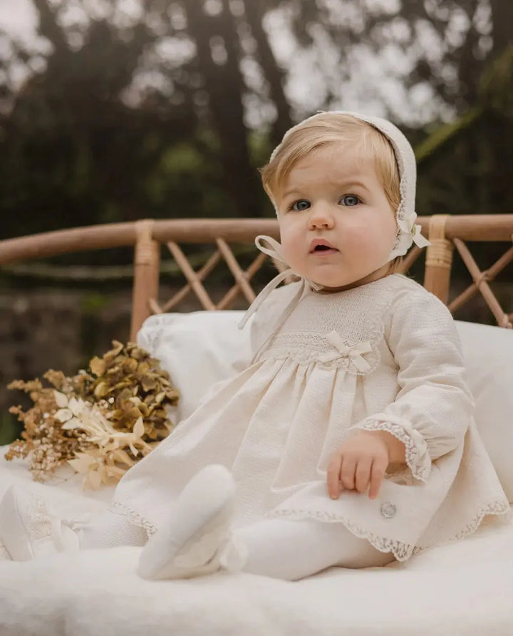 Blue Almonds Ltd Baby Girls Dress Set in Vanilla Sand Paz Rodriguez