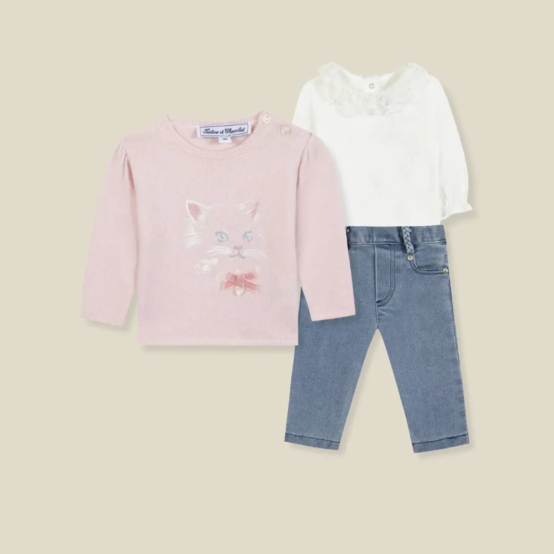 Blue Almonds Ltd Baby Girls Kitten Jumper, Body & Blue Jeans Set Tartine et Chocolat