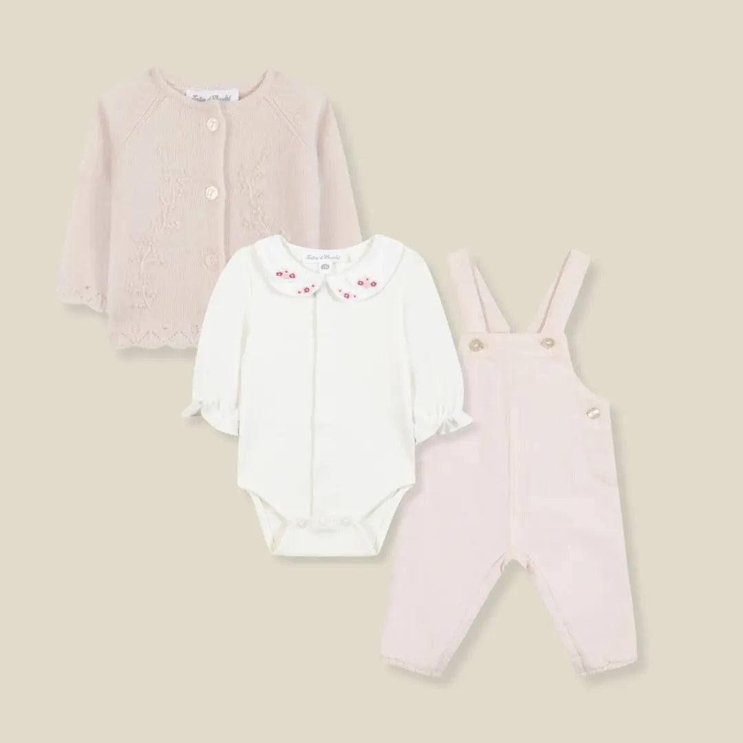 Blue Almonds Ltd Baby Girls Pale Pink Dungarees & Floral Body Set Tartine et Chocolat
