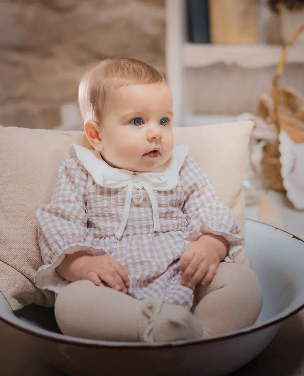 Blue Almonds Ltd Baby Girls Romper in Light Brown Check Paz Rodriguez