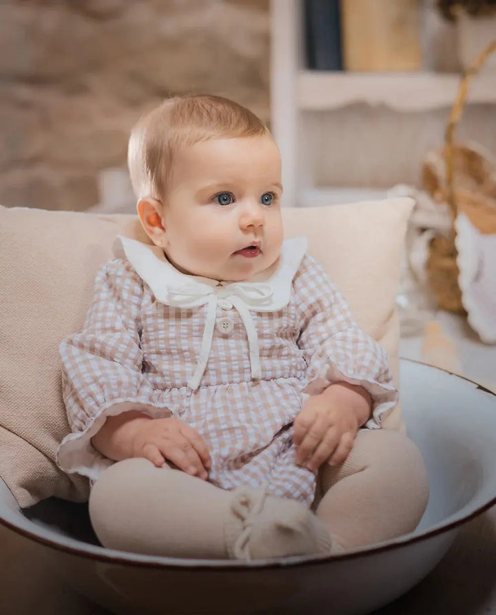 Blue Almonds Ltd Baby Girls Romper in Light Brown Check Paz Rodriguez