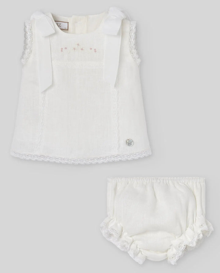 Blue Almonds Ltd Baby Girls Woven Dress and Bloomers set in Cream with Flowers Paz Rodriguez