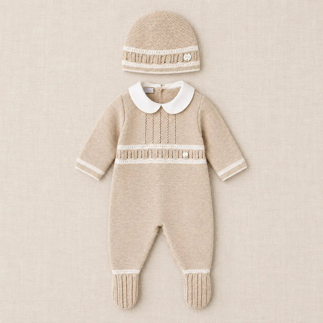 Blue Almonds Ltd Baby Knitted Romper Set in Light Brown Paz Rodriguez