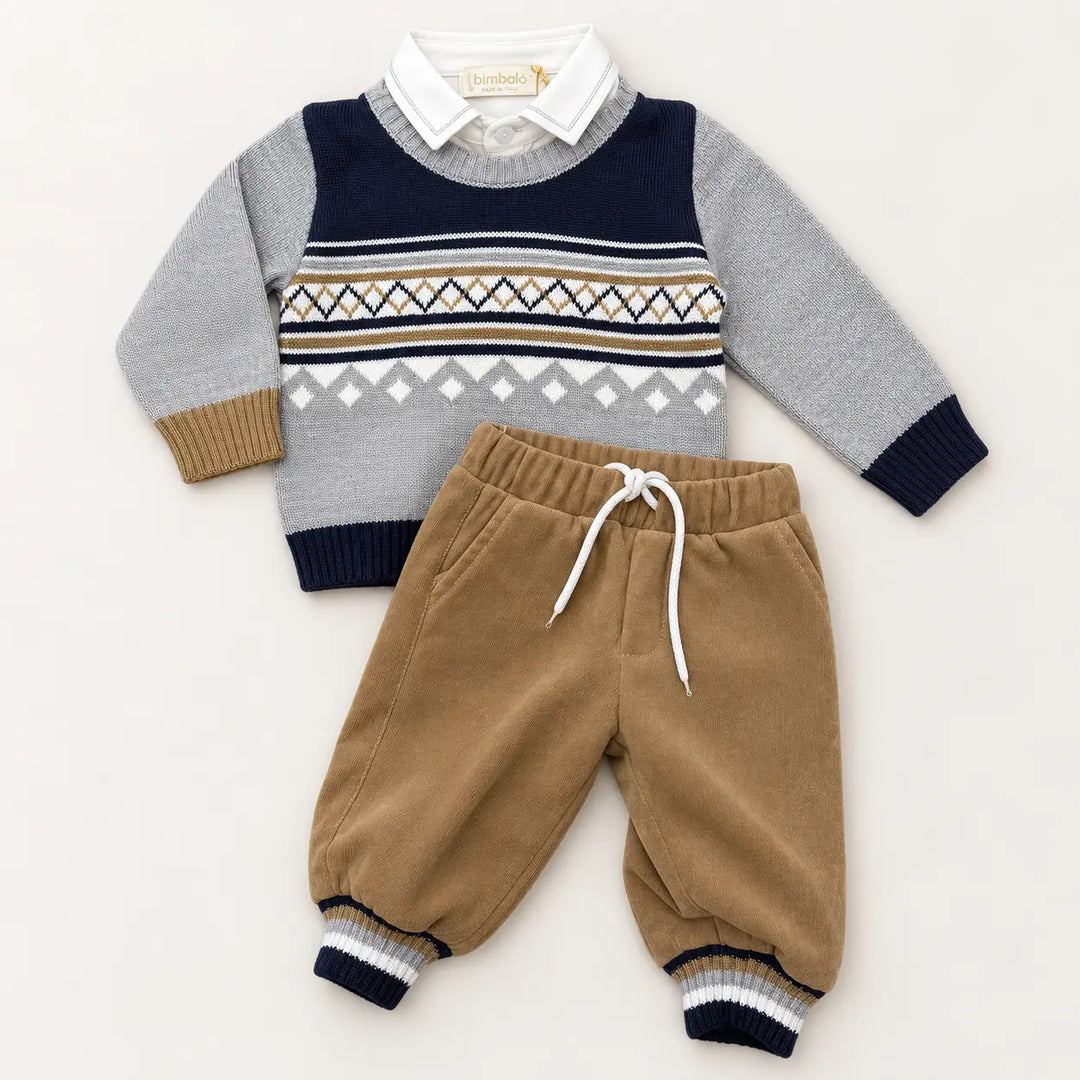 Blue Almonds Ltd Boys Grey Jumper, White Shirt and Caramel Trousers Set Bimbalo