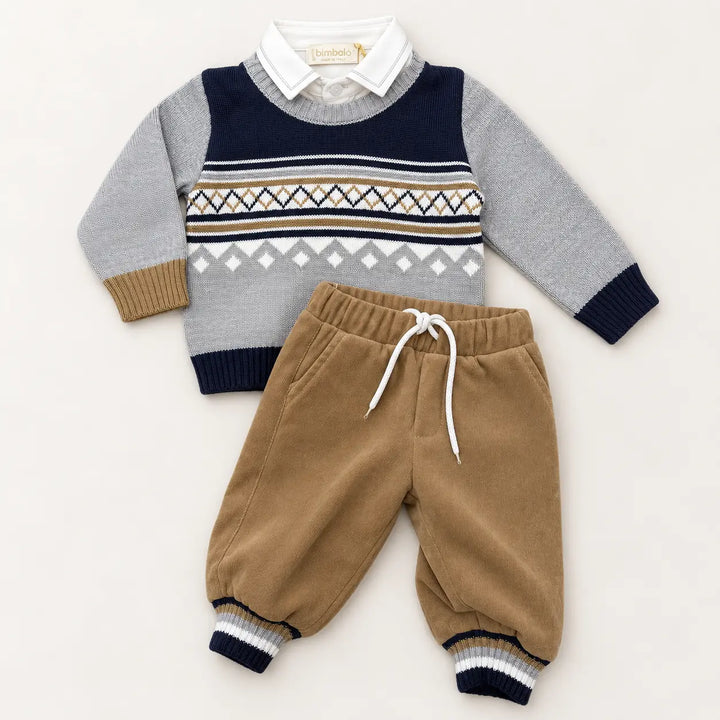 Blue Almonds Ltd Boys Grey Jumper, White Shirt and Caramel Trousers Set Bimbalo