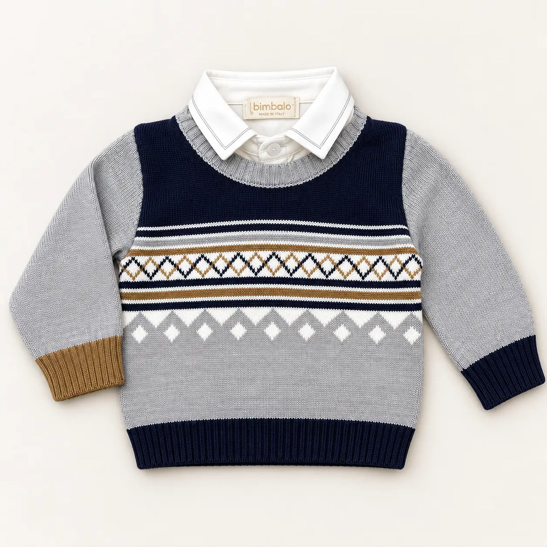 Blue Almonds Ltd Boys Grey Jumper, White Shirt and Caramel Trousers Set Bimbalo