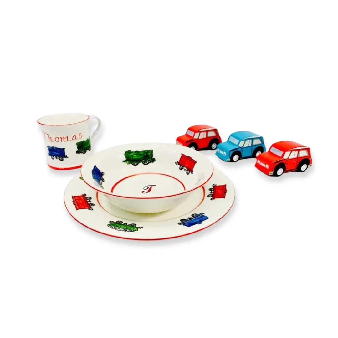 Blue Almonds Ltd Personalised 3-piece ceramic set trains Blue Almonds