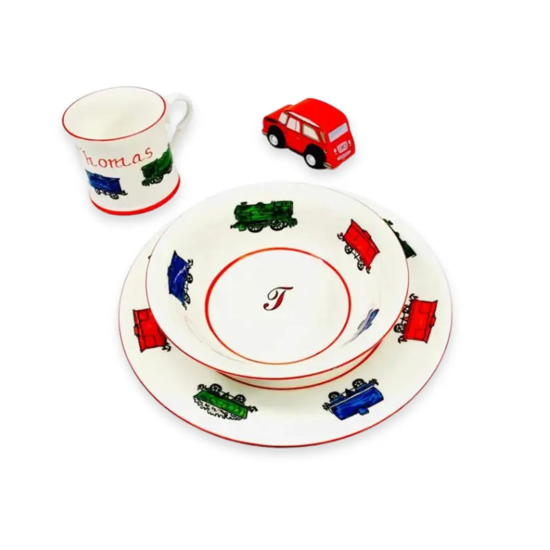 Blue Almonds Ltd Personalised 3-piece ceramic set trains Blue Almonds