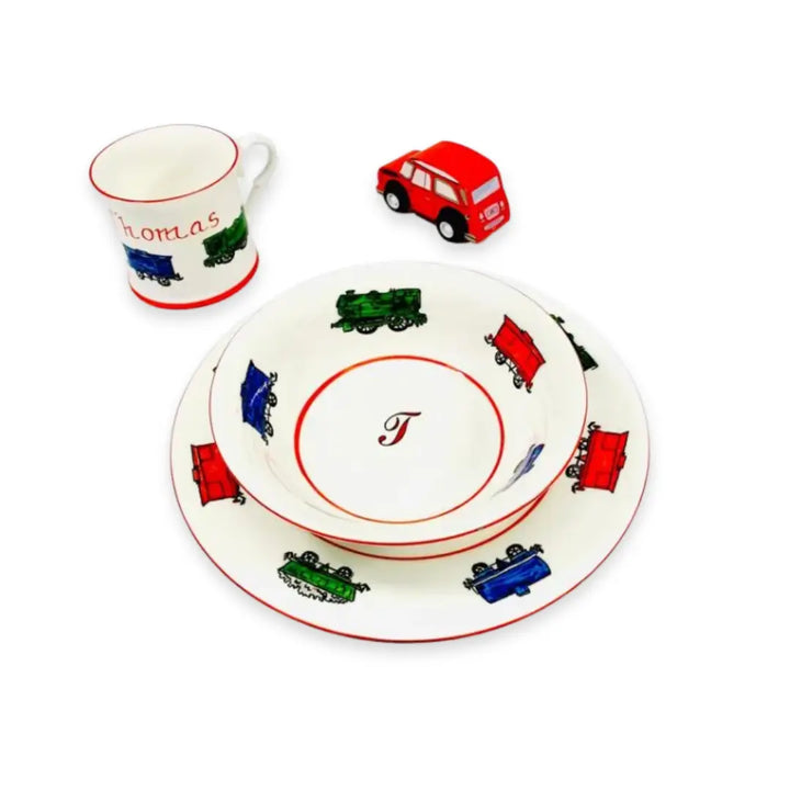 Blue Almonds Ltd Personalised 3-piece ceramic set trains Blue Almonds