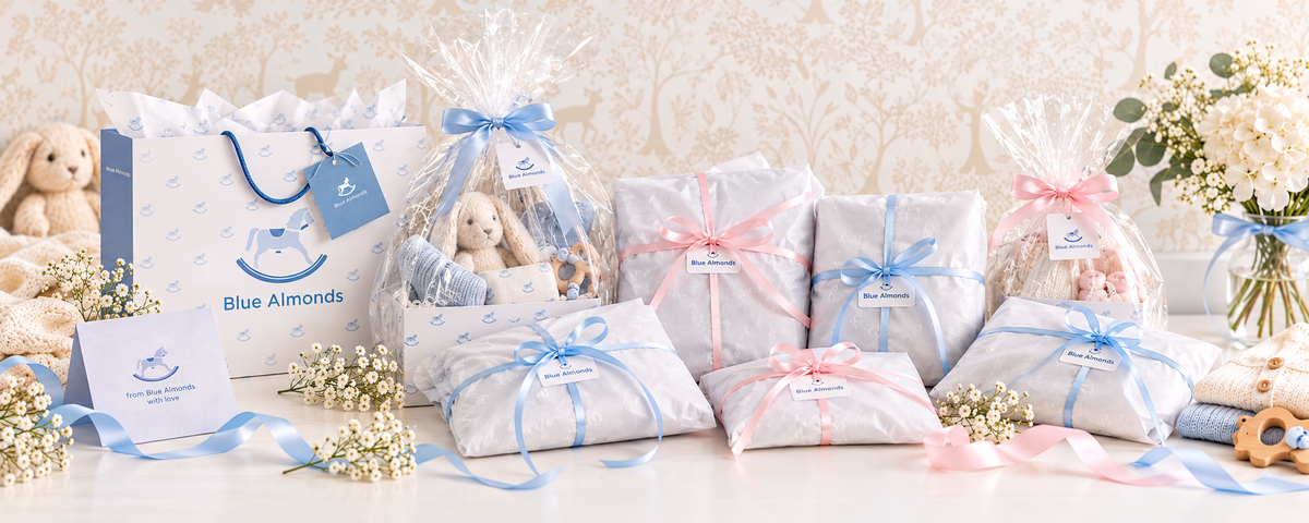 Blue Almonds complimentary tissue and cellophane gift wrapping