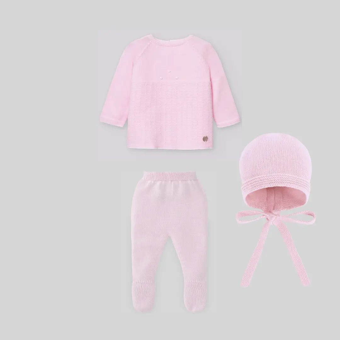 Blue Almonds Ltd Girls Two-Piece Knit Babygrow Set with Hat in Chalk Pink Paz Rodriguez