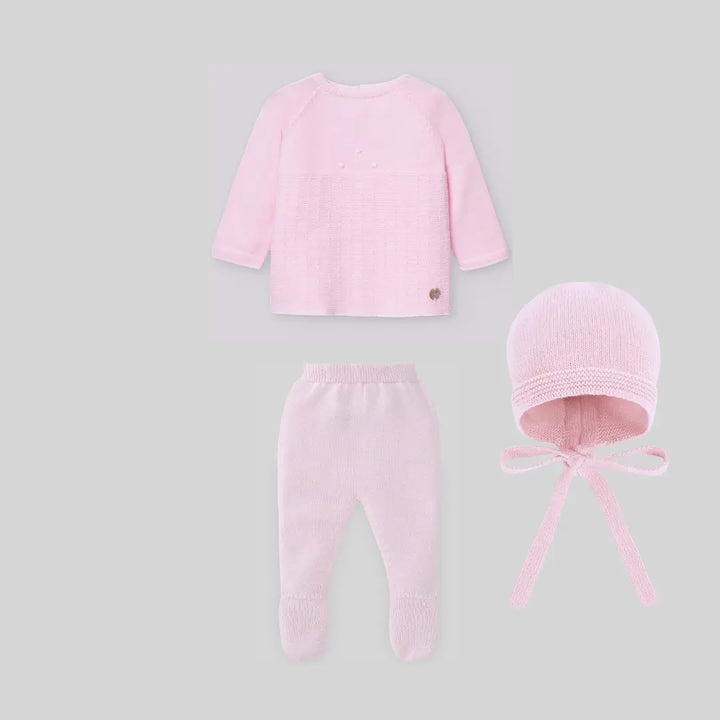 Blue Almonds Ltd Girls Two-Piece Knit Babygrow Set with Hat in Chalk Pink Paz Rodriguez