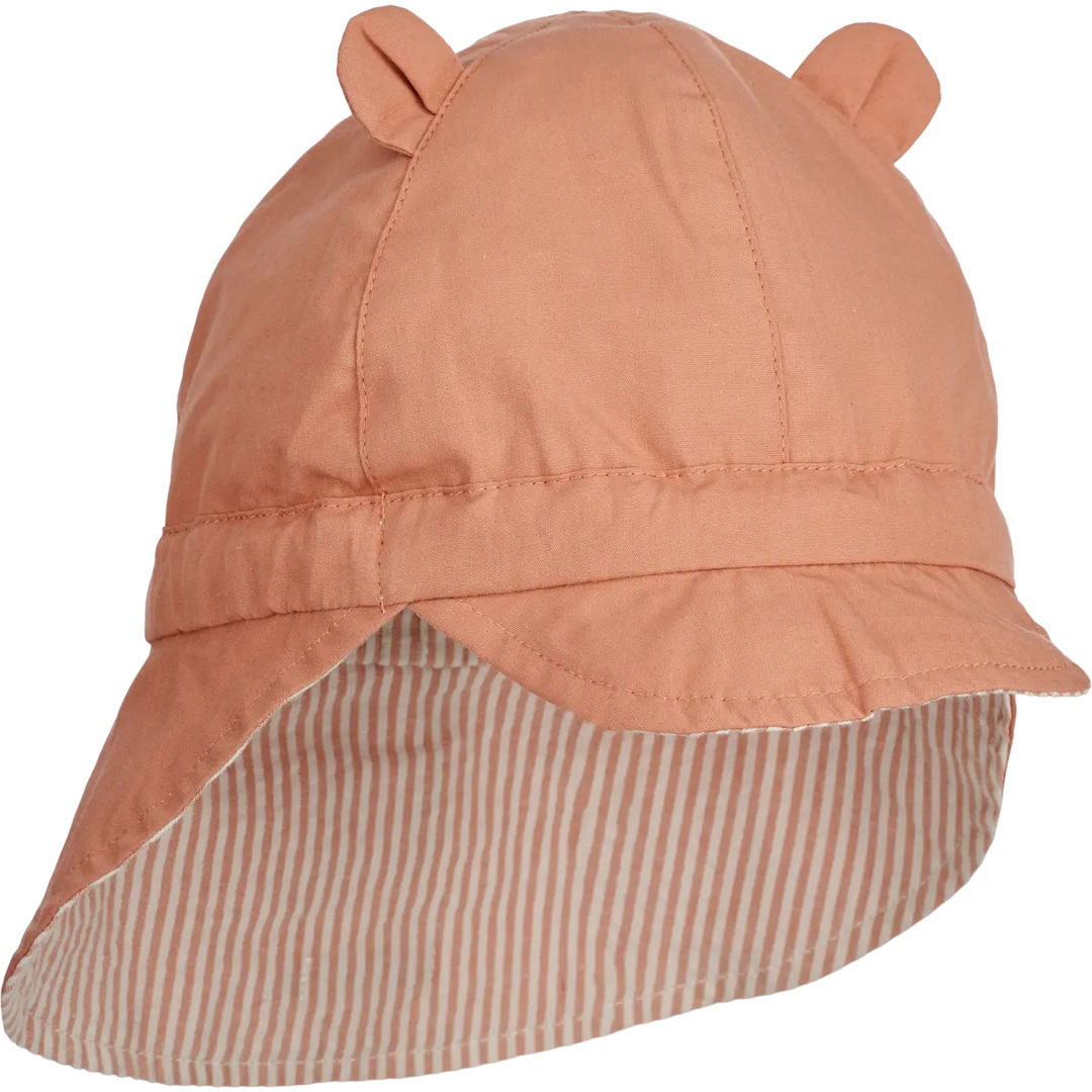Blue Almonds Ltd Gorm Reversible Seersucker Sun Hat With Ears Y D Stripe - Tuscany rose Sandy Liewood