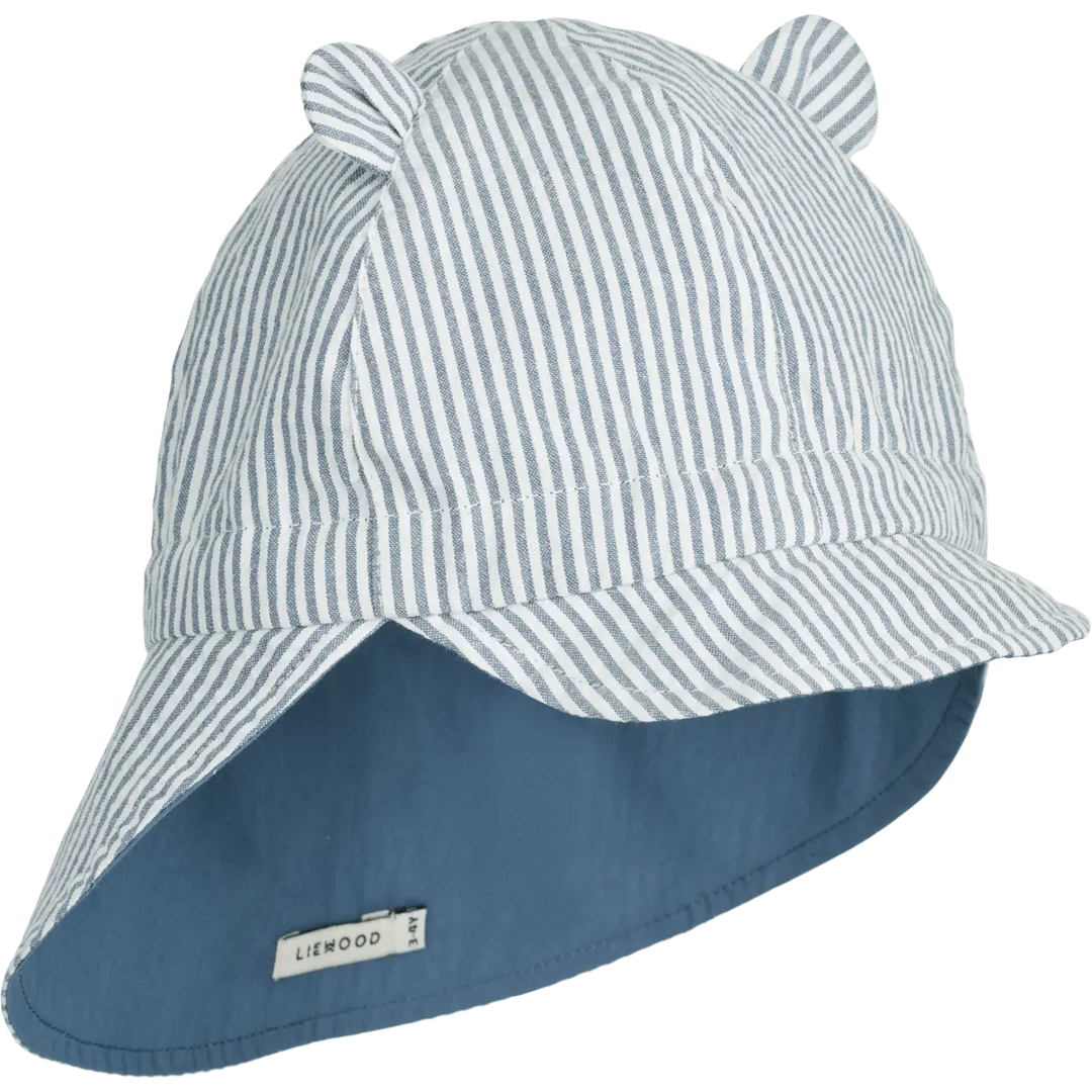 Blue Almonds Ltd Gorm Reversible Seersucker Sun Hat With Ears - Y-D stripe: Blue wave-creme de la creme Liewood