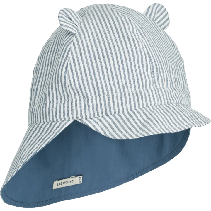 Blue Almonds Ltd Gorm Reversible Seersucker Sun Hat With Ears - Y-D stripe: Blue wave-creme de la creme Liewood