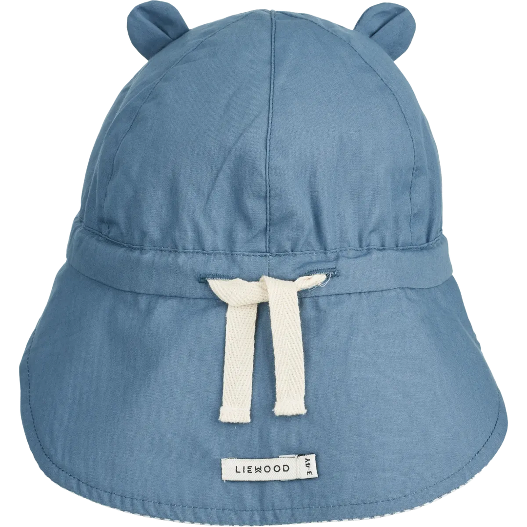Blue Almonds Ltd Gorm Reversible Seersucker Sun Hat With Ears - Y-D stripe: Blue wave-creme de la creme Liewood