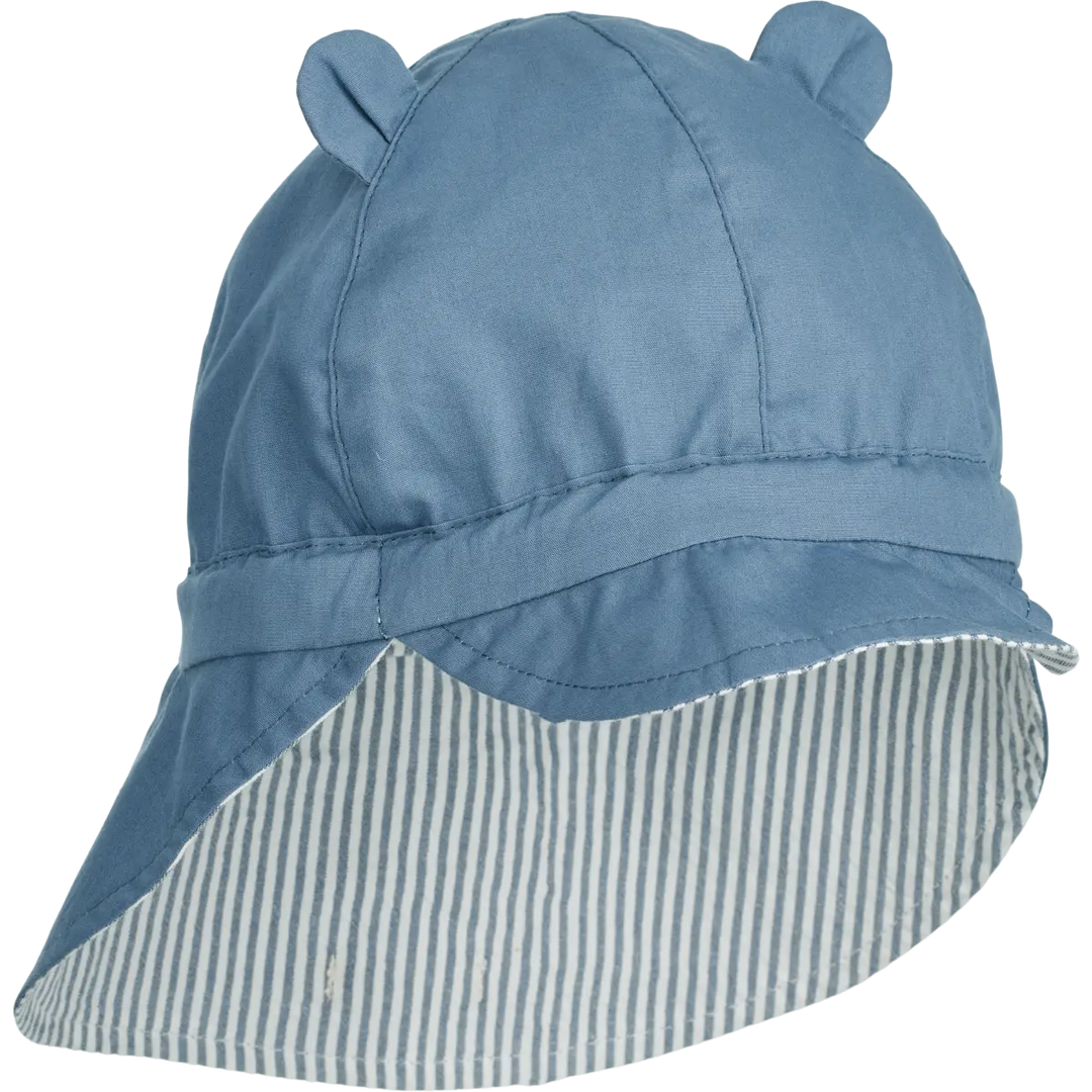 Blue Almonds Ltd Gorm Reversible Seersucker Sun Hat With Ears - Y-D stripe: Blue wave-creme de la creme Liewood