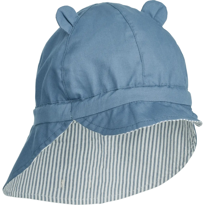 Blue Almonds Ltd Gorm Reversible Seersucker Sun Hat With Ears - Y-D stripe: Blue wave-creme de la creme Liewood