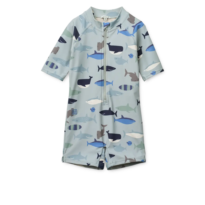 Blue Almonds Ltd Max Printed Shortsleeve Swim Jumpsuit - Shark / Dove blue - UNISEX LIEWOOD