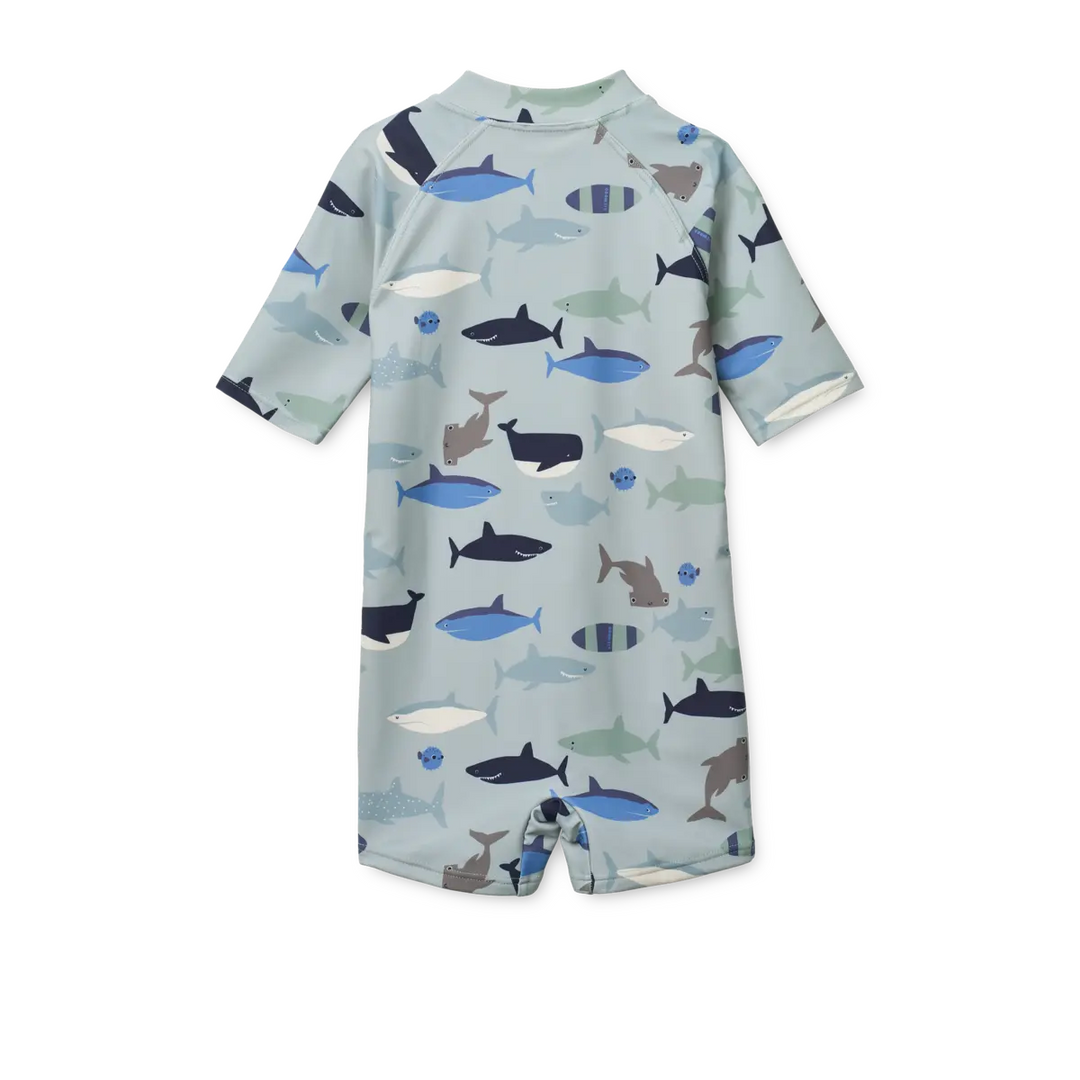 Blue Almonds Ltd Max Printed Shortsleeve Swim Jumpsuit - Shark / Dove blue - UNISEX LIEWOOD