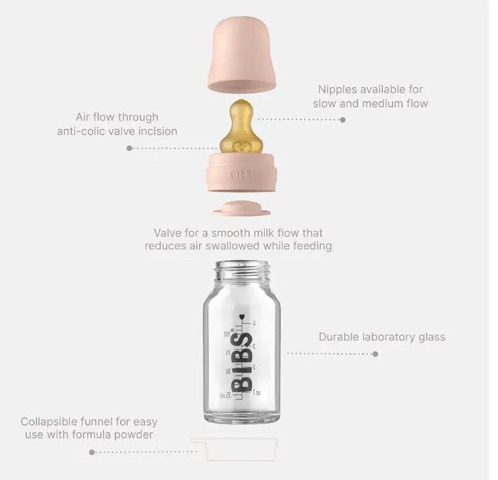 Blue Almonds Ltd Baby Glass Bottle Complete Set 110ml - Ivory BIBS Pacifiers