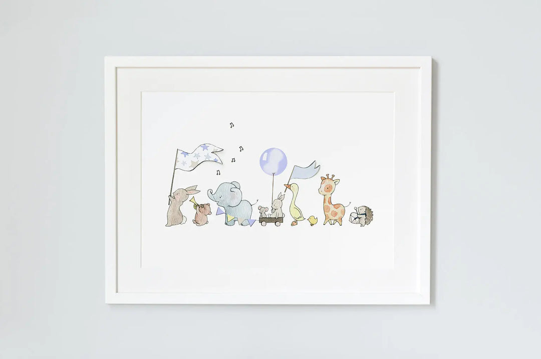 Picture "animals on parade" blue-Nursery art-Daisy & Bump-Blue Almonds-London-South Kensington