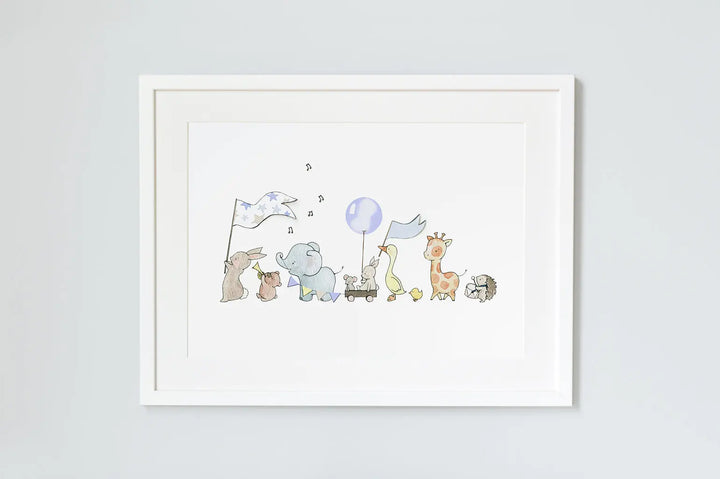 Picture "animals on parade" blue-Nursery art-Daisy & Bump-Blue Almonds-London-South Kensington